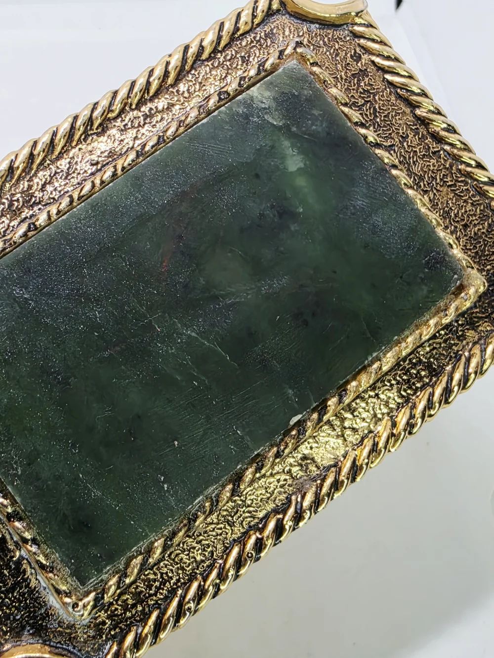 Vintage Gold Tone Western Belt Buckle Nephrite Jade Stone Slab Rope Edge Frame